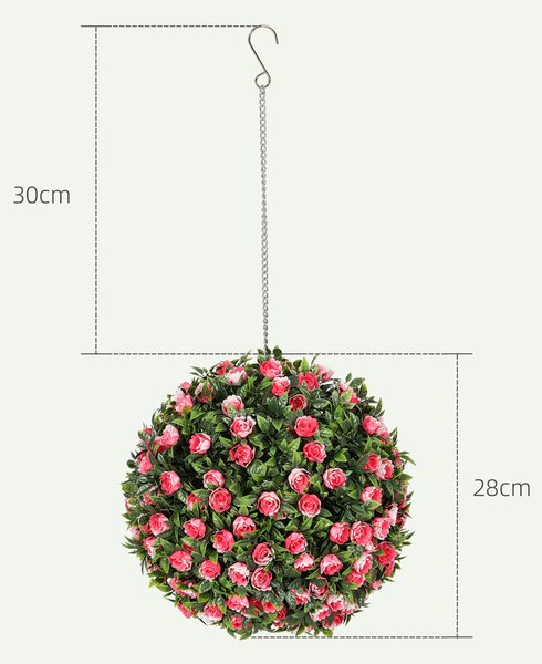 HOMCOM Set of 2 Decorative Artificial Plants, UV-protected Artificial Plant Topiary Rose Balls, Fake Plants for Home Indoor outdoor Decor, 28cm, Pink