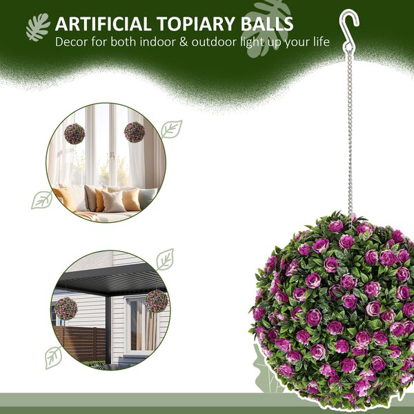 HOMCOM Set of 2 Decorative Artificial Plants, UV-protected Artificial Plant Topiary Rose Balls for Home Indoor outdoor Decor, 28cm, Purple