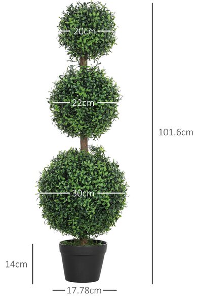 HOMCOM Set of 2 Decorative Artificial Plants, Topiary Ball-shaped Boxwood Trees in Pot, Fake Plants for Home Indoor outdoor Decor, 100cm, Green