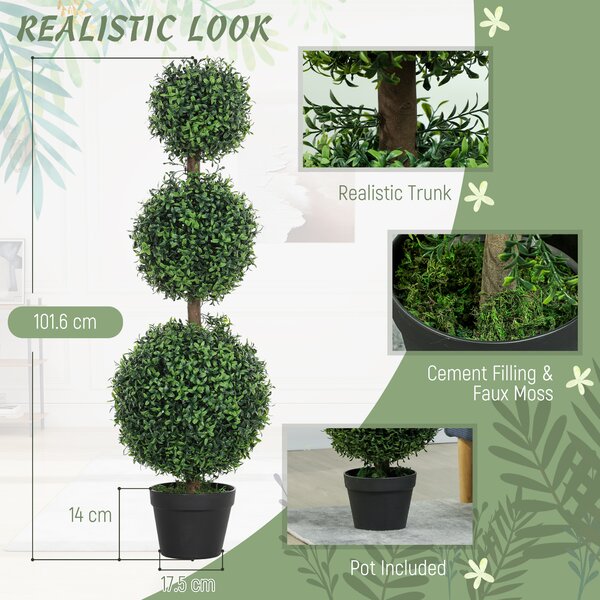 HOMCOM Set of 2 Decorative Artificial Plants, Topiary Ball-shaped Boxwood Trees in Pot, Fake Plants for Home Indoor outdoor Decor, 100cm, Green