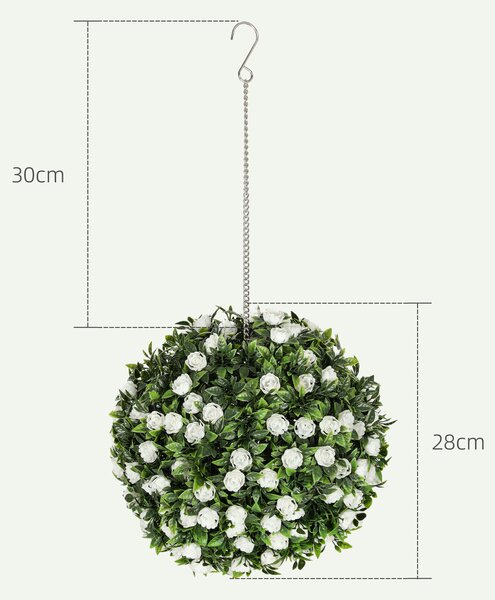 HOMCOM Set of 2 Decorative Artificial Plants, UV-protected Artificial Plant Topiary Rose Balls, Fake Plants for Home Indoor outdoor Decor, 28cm, White