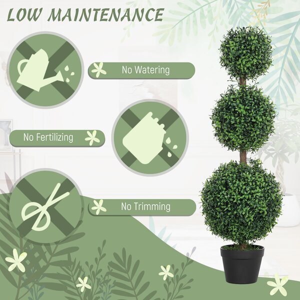HOMCOM Set of 2 Decorative Artificial Plants, Topiary Ball-shaped Boxwood Trees in Pot, Fake Plants for Home Indoor outdoor Decor, 100cm, Green