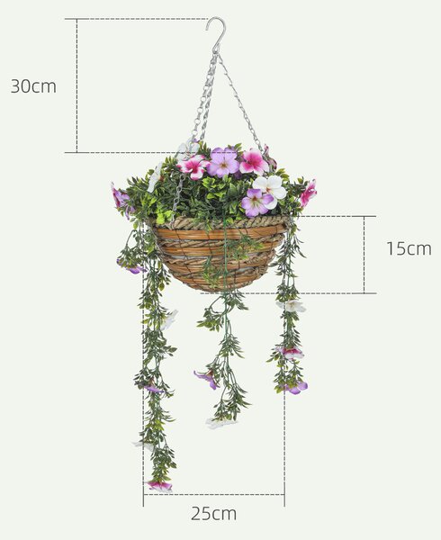 HOMCOM Set of 2 Decorative Artificial Plants, Faux Silk Azalea Flowers in Hanging Baskets, Fake Plants for Home Indoor Outdoor Decor, Pink and White