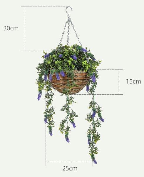 HOMCOM Set of 2 Decorative Artificial Plants, Faux Silk Lavender Flowers in Hanging Baskets, Fake Plants for Home Indoor Outdoor Decor, Purple