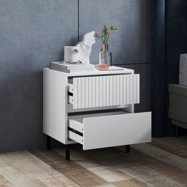HOMCOM Simple Line Indented Two-Drawer Bedside Table Set of 2 - White