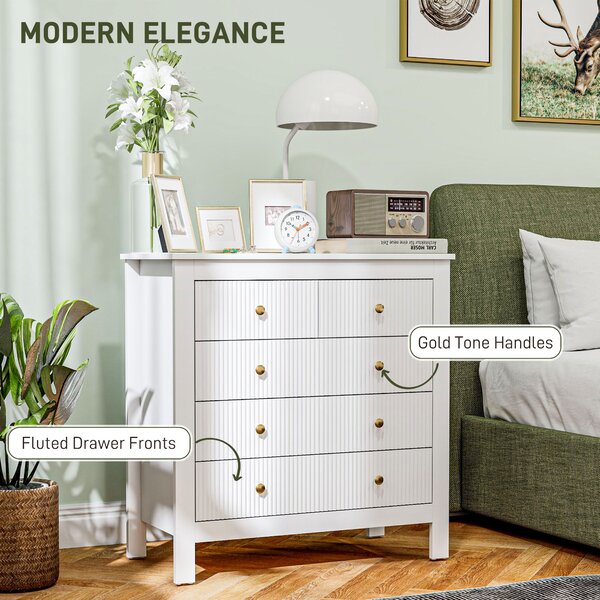 HOMCOM Chest of Five Drawers, Elegant Bedroom Storage Cabinet, White Aosom UK