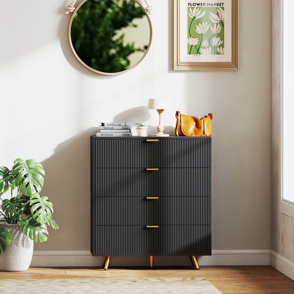 HOMCOM Bedroom Chest of Drawers with 4 Drawers, Fluted Dresser with Gold Tone Handles, Storage Cabinet for Bedroom, Living Room, Hallway, Entryway, Black
