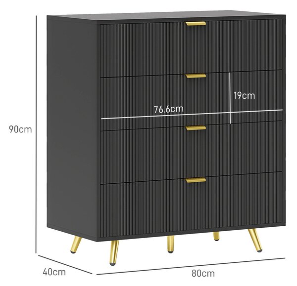 HOMCOM Bedroom Chest of Drawers with 4 Drawers, Fluted Dresser with Gold Tone Handles, Storage Cabinet for Bedroom, Living Room, Hallway, Entryway, Black