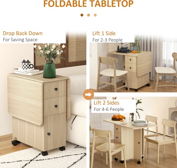 HOMCOM Six-Person Drop Leaf Dining Table, with Storage - Wood-Effect