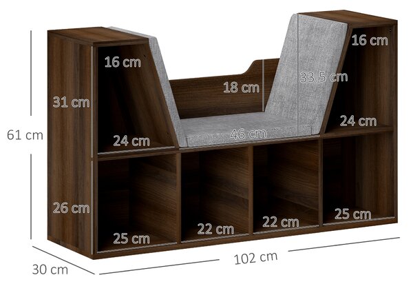 HOMCOM Bookcase Storage Shelf with Cushioned Reading Seat, Cube Bookshelf Organizer for Bedroom Living Room, Chestnut