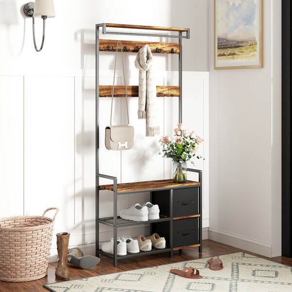 HOMCOM Coat Rack with Bench and Shoe Storage, 4-in-1 Coat Stand with 15 Coat Hooks, 2 Fabric Drawers for Hallway, Living Room, Bedroom, Rustic Brown