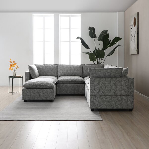 Moda Corner Modular Sofa with Chaise, Light Grey Boucle