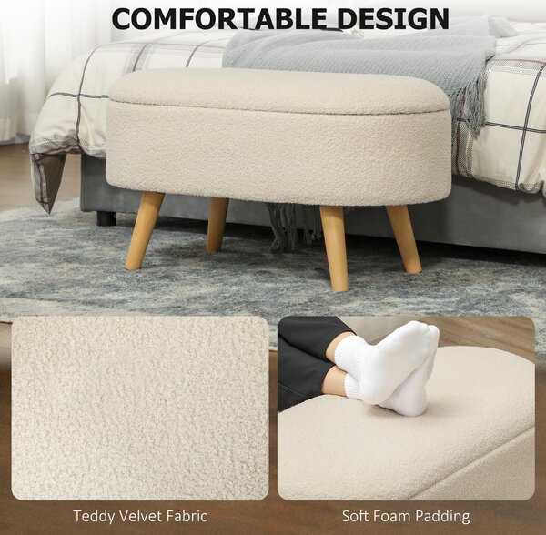 HOMCOM Teddy Fleece Storage Ottoman - Cream White