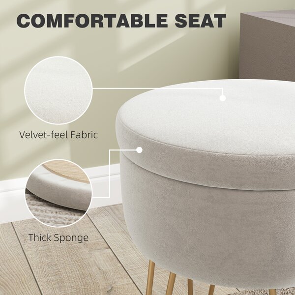 HOMCOM 5L Velvet Storage Ottoman, Modern Round Footstool with Metal Hairpin Legs and Removable Lid for Hallway, Bedroom, Living Room, Cream White