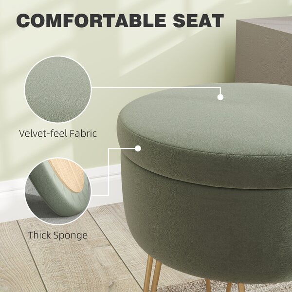 HOMCOM 5L Velvet Storage Ottoman, Modern Round Footstool with Metal Hairpin Legs and Removable Lid for Hallway, Bedroom, Living Room, Green