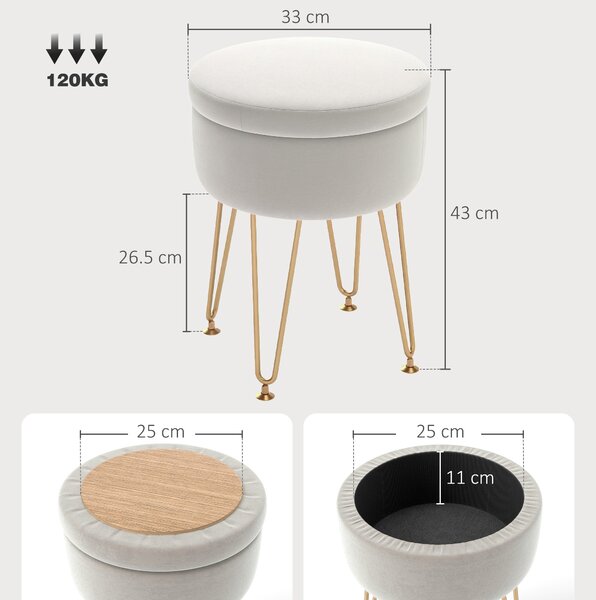 HOMCOM 5L Velvet Storage Ottoman, Modern Round Footstool with Metal Hairpin Legs and Removable Lid for Hallway, Bedroom, Living Room, Cream White