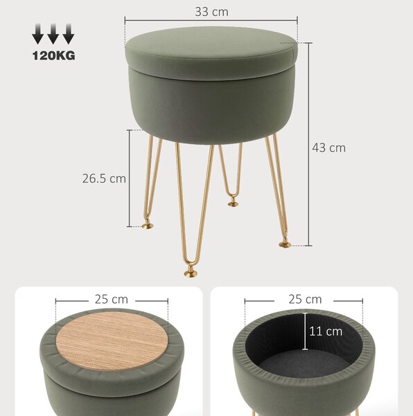 HOMCOM 5L Velvet Storage Ottoman, Modern Round Footstool with Metal Hairpin Legs and Removable Lid for Hallway, Bedroom, Living Room, Green