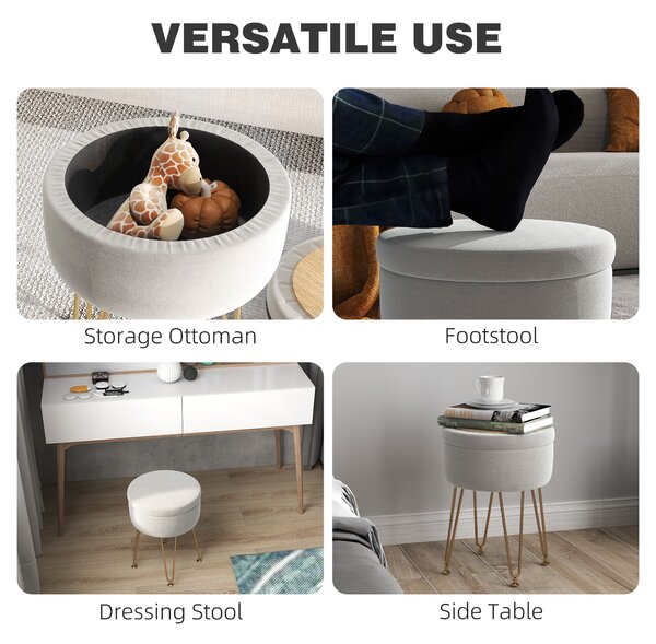HOMCOM 5L Velvet Storage Ottoman, Modern Round Footstool with Metal Hairpin Legs and Removable Lid for Hallway, Bedroom, Living Room, Cream White