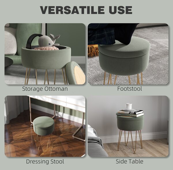 HOMCOM 5L Velvet Storage Ottoman, Modern Round Footstool with Metal Hairpin Legs and Removable Lid for Hallway, Bedroom, Living Room, Green