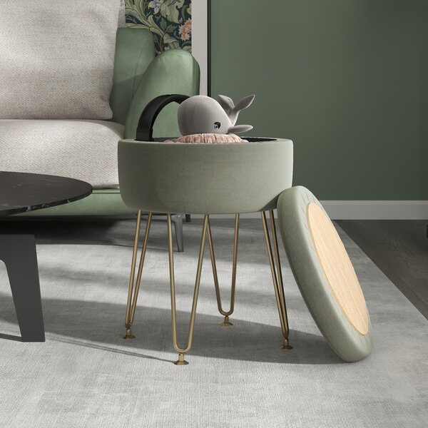 HOMCOM 5L Velvet Storage Ottoman, Modern Round Footstool with Metal Hairpin Legs and Removable Lid for Hallway, Bedroom, Living Room, Green