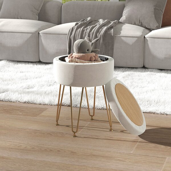 HOMCOM 5L Velvet Storage Ottoman, Modern Round Footstool with Metal Hairpin Legs and Removable Lid for Hallway, Bedroom, Living Room, Cream White