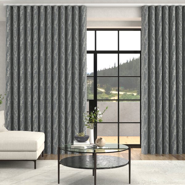 Grace Jacquard Floral Made To Measure Curtains + FREE Track - Wave Navy