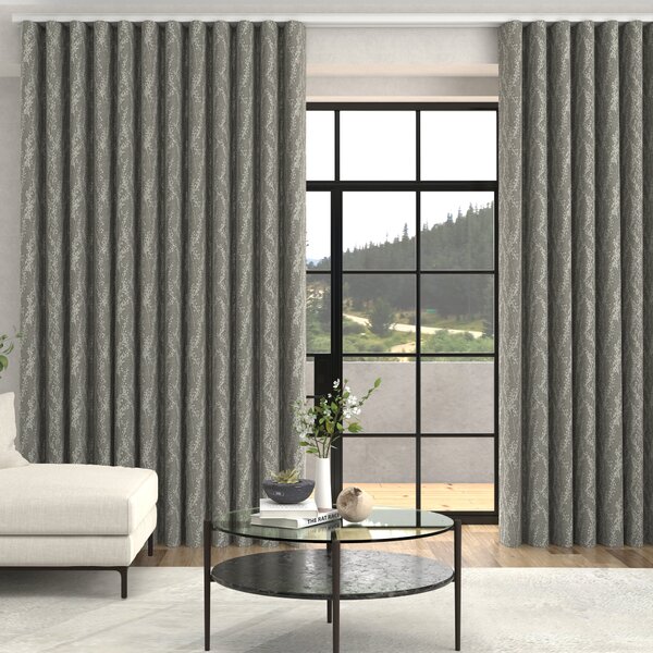 Grace Jacquard Floral Made To Measure Curtains + FREE Track - Wave Smoke