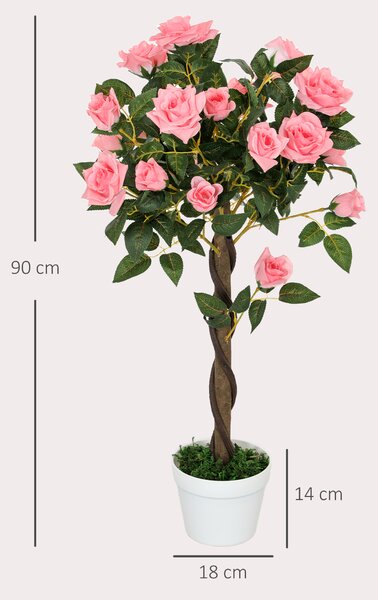 Outsunny Set of 2 Artificial Plants Pink Rose Floral in Pot, Fake Plants for Home Indoor Outdoor Decor, 90cm