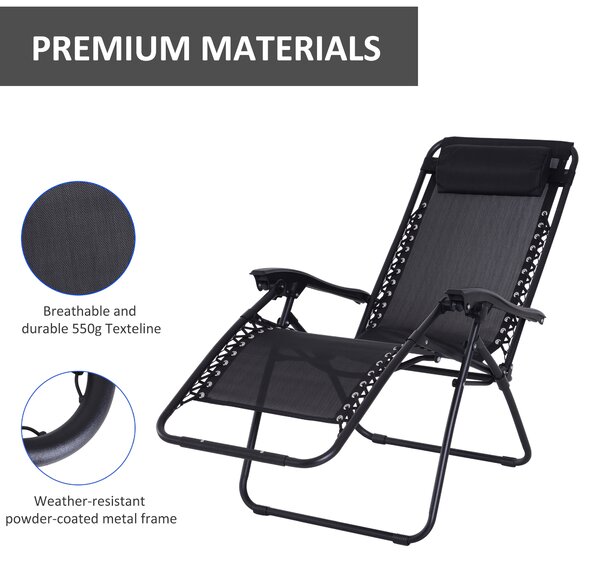 Outsunny Zero Gravity Chair, Metal Frame Outdoor Folding & Reclining Sun Lounger with Head Pillow for Patio, Decking, Gardens, Camping, Black