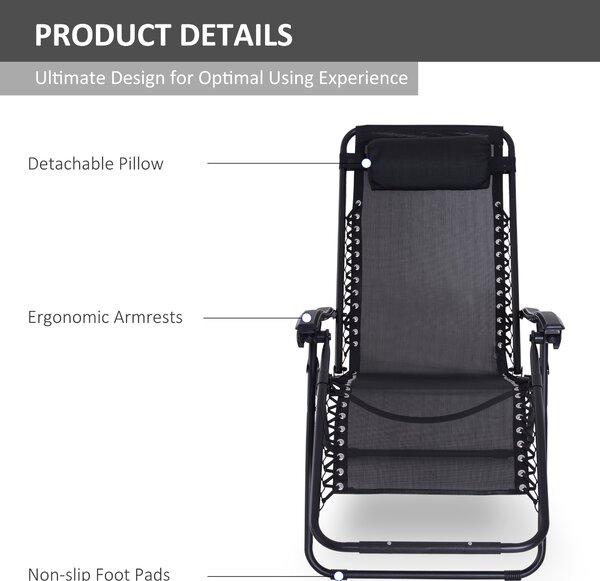 Outsunny Zero Gravity Chair, Metal Frame Outdoor Folding & Reclining Sun Lounger with Head Pillow for Patio, Decking, Gardens, Camping, Black