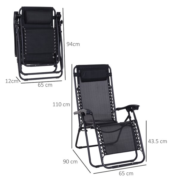 Outsunny Zero Gravity Chair, Metal Frame Outdoor Folding & Reclining Sun Lounger with Head Pillow for Patio, Decking, Gardens, Camping, Black