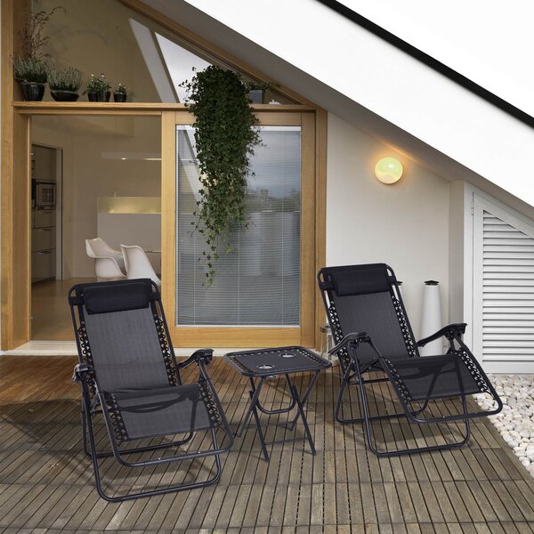 Outsunny 3-Piece Black Folding Table and Chairs Set with Cup Holders - Zero Gravity Reclining for Garden, Yard & Pool Aosom UK