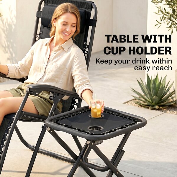 Outsunny 3-Piece Black Folding Table and Chairs Set with Cup Holders - Zero Gravity Reclining for Garden, Yard & Pool Aosom UK