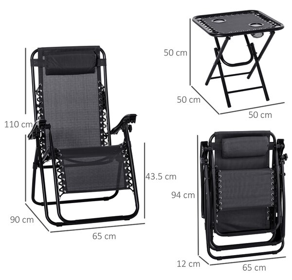 Outsunny 3-Piece Black Folding Table and Chairs Set with Cup Holders - Zero Gravity Reclining for Garden, Yard & Pool Aosom UK
