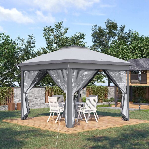 Outsunny 3.3 x 3.3m Pop Up Gazebo, Waterproof Outdoor Canopy with Double Roof, Zipped Mesh Sidewalls & Carry Bag, Portable Patio Tent for Outdoor Parties, Beige Aosom UK