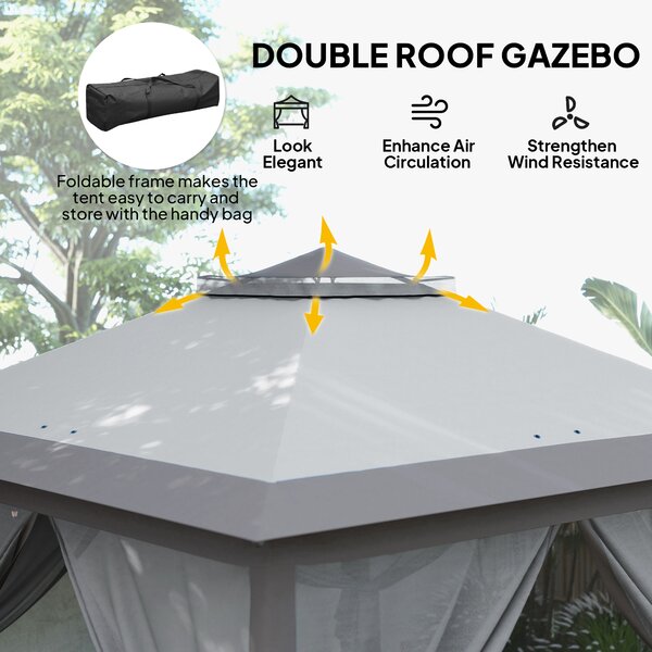 Outsunny 3.3 x 3.3m Pop Up Gazebo, Waterproof Outdoor Canopy with Double Roof, Zipped Mesh Sidewalls & Carry Bag, Portable Patio Tent for Outdoor Parties, Beige Aosom UK