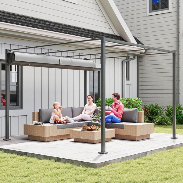 Outsunny 3 x 3(m) Garden Pergola with Retractable Roof and Magnetic Fixture, Outdoor Pergola Kit Sun Shade Canopy, UPF30+, Grey