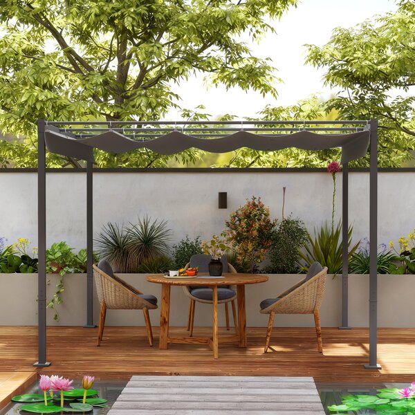 Outsunny 3 x 3(m) Garden Pergola with Retractable Roof and Magnetic Fixture, Outdoor Pergola Kit Sun Shade Canopy, UPF30+, Grey