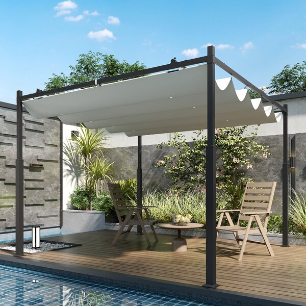 Outsunny 3 x 3(m) Garden Pergola with Retractable Roof and Magnetic Fixture, Outdoor Pergola Kit Sun Shade Canopy, UPF30+, Cream White