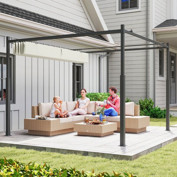 Outsunny 3 x 3(m) Garden Pergola with Retractable Roof and Magnetic Fixture, Outdoor Pergola Kit Sun Shade Canopy, UPF30+, Cream White