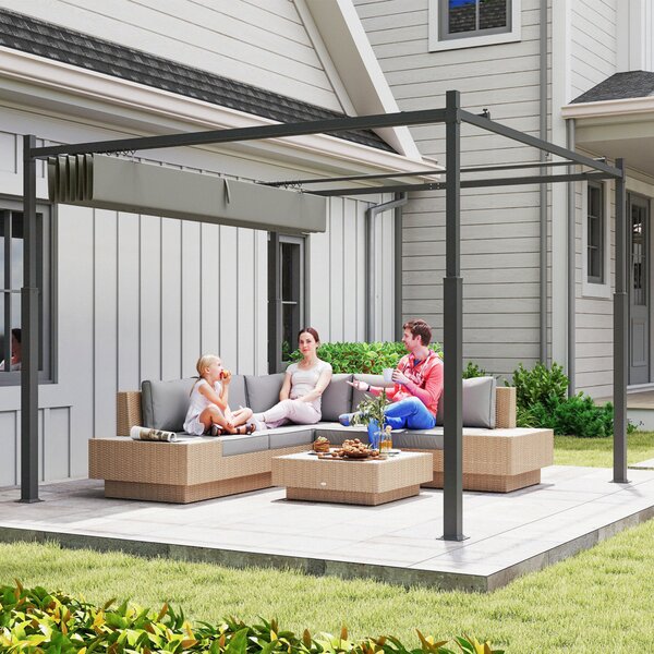 Outsunny 3 x 3(m) Garden Pergola with Retractable Roof and Magnetic Fixture, Outdoor Pergola Kit Sun Shade Canopy, UPF30+, 80mm Metal Column, Grey