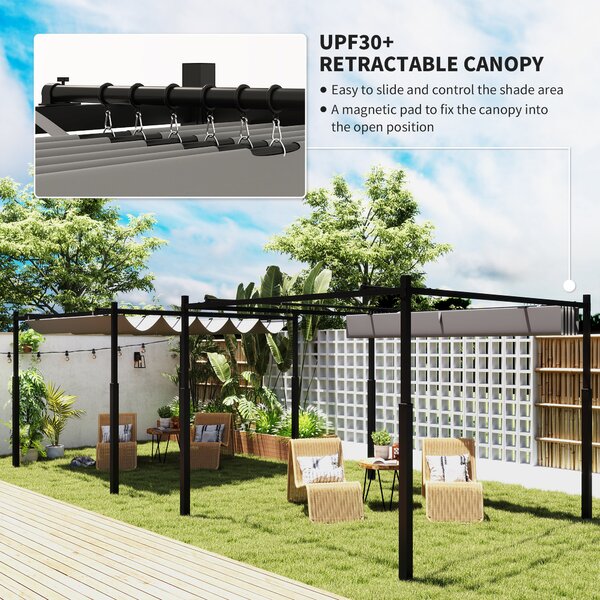Outsunny 3 x 3(m) Garden Pergola with Retractable Roof and Magnetic Fixture, Outdoor Pergola Kit Sun Shade Canopy, UPF30+, 80mm Metal Column, Grey