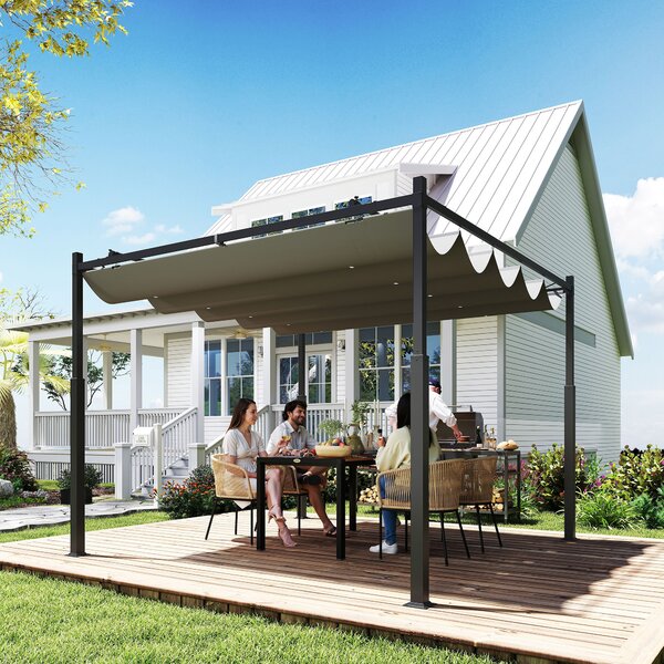 Outsunny 3 x 3(m) Garden Pergola with Retractable Roof and Magnetic Fixture, Outdoor Pergola Kit Sun Shade Canopy, UPF30+, 80mm Metal Column, Grey