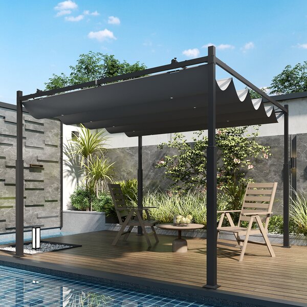 Outsunny 3 x 3(m) Garden Pergola with Retractable Roof and Magnetic Fixture, Outdoor Pergola Kit Sun Shade Canopy, UPF30+, 80mm Metal Column, Grey
