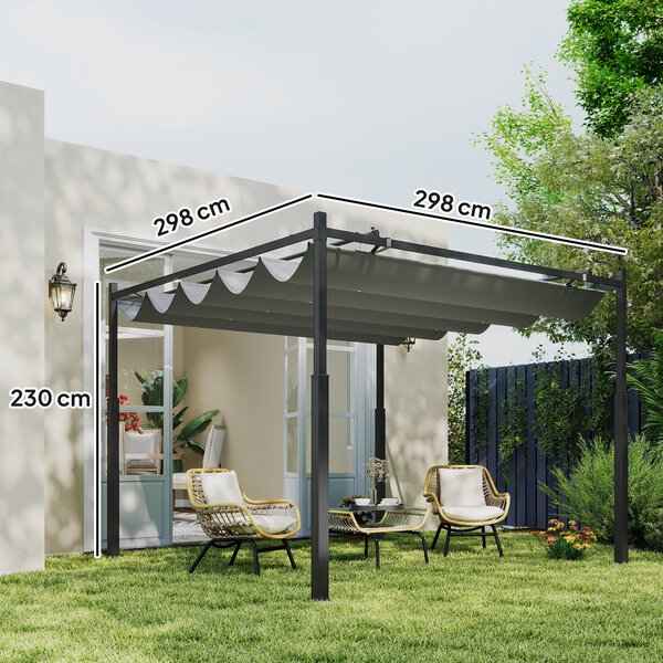Outsunny 3 x 3(m) Garden Pergola with Retractable Roof and Magnetic Fixture, Outdoor Pergola Kit Sun Shade Canopy, UPF30+, 80mm Metal Column, Grey
