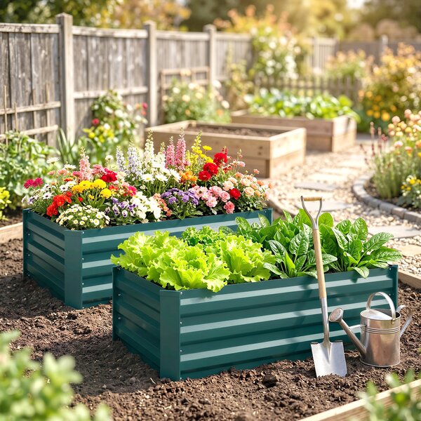 Outsunny Set of Two 60 x 100cm Galvanised Steel Planters, Green