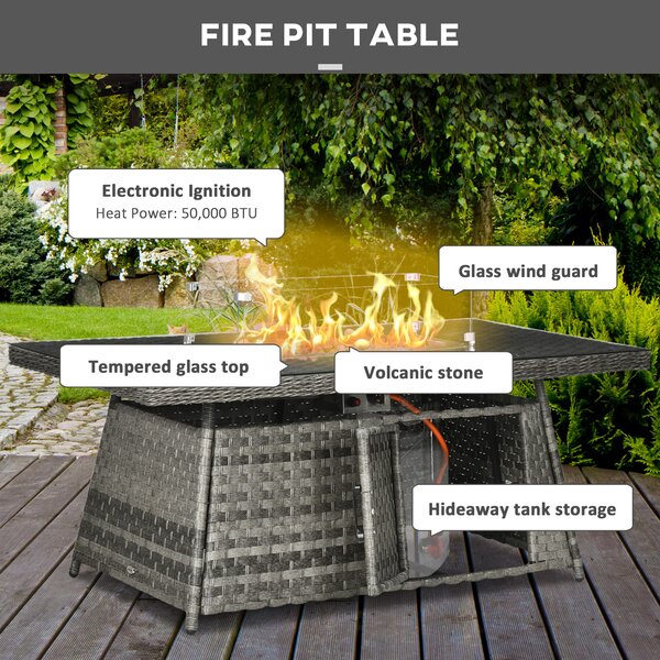 Outsunny 9-Seater PE Rattan Garden Furniture Set, 50,000 BTU Gas Fire Pit Table, Double Corner Sofa, 3 Footstools, Grey