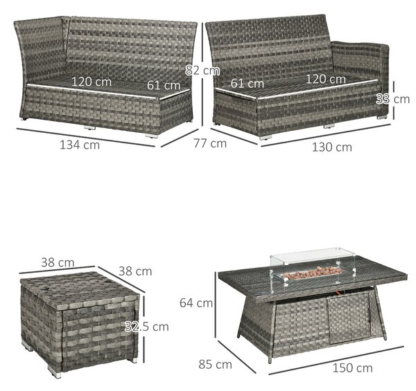 Outsunny 9-Seater PE Rattan Garden Furniture Set, 50,000 BTU Gas Fire Pit Table, Double Corner Sofa, 3 Footstools, Grey