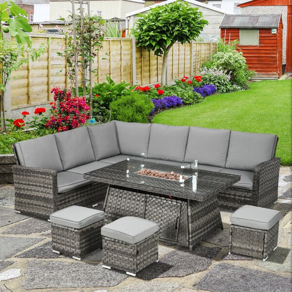 Outsunny 9-Seater PE Rattan Garden Furniture Set, 50,000 BTU Gas Fire Pit Table, Double Corner Sofa, 3 Footstools, Grey