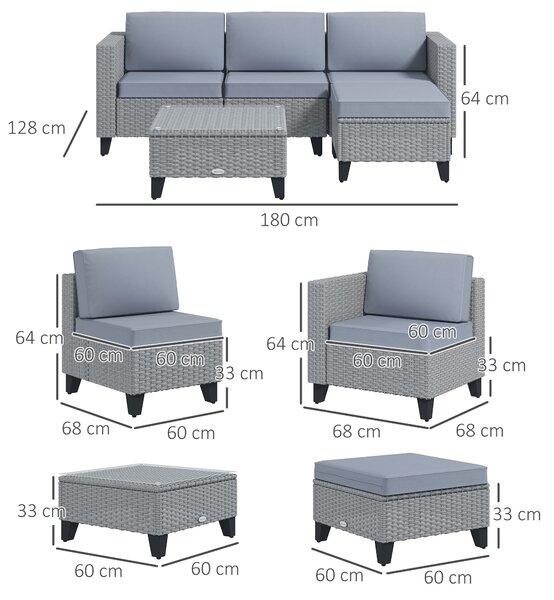 Outsunny 5-Piece Rattan Patio Furniture Set with Corner Sofa, Footstools, Coffee Table, for Poolside, Grey